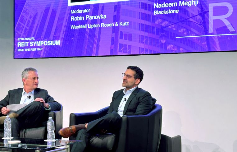 NADEEM MEGHJI (RIGHT), HEAD OF BLACKSTONE REAL ESTATE – AMERICAS, SPEAKS AT THE 27TH ANNUAL REIT SYMPOSIUM HOSTED BY NYU'S SCHACK INSTITUTE OF REAL ESTATE IN A DISCUSSION MODERATED BY ROBIN PANOVKA, PARTNER AT WACHTELL LIPTON ROSEN & KATZ.