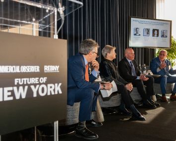 Cushman & Wakefield’s Bruce Mosler (far right) speaks during the “Designing a Vision for the New NY: Public-Private Partnerships & Strategic Initiatives Driving the Future of NYC” panel that also featured RXR’s Scott Rechler (second from right) and Partnership for New York City's Kathryn Wylde. The session was moderated by Fried Frank’s Jonathan Mechanic (far left).