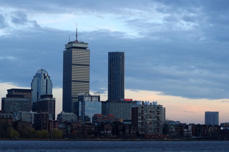 A view of Boston Properties' headquarters at the Prudential Center and the Boston City skyline on March 20, 2020 in Boston, Massachusetts.