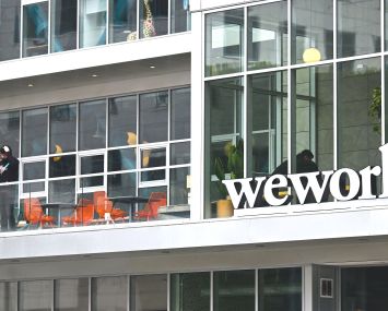 The WeWork logo outside of an office space rental location in Santa Monica, Calif., on March 20.