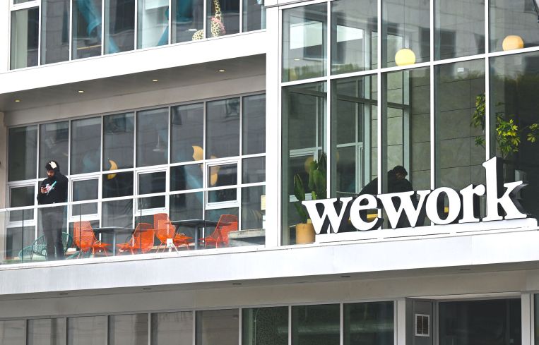 The WeWork logo outside of an office space rental location in Santa Monica, Calif., on March 20.