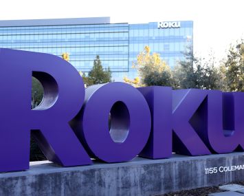 Roku's company logo in front of Roku headquarters in San Jose, California.