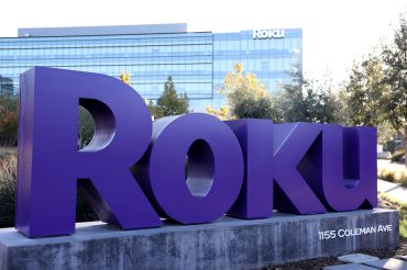 Roku's company logo in front of Roku headquarters in San Jose, California.