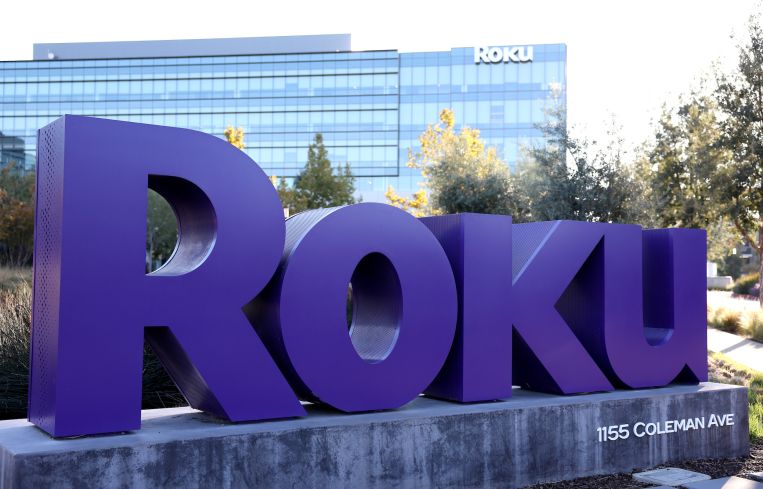 Roku's company logo in front of Roku headquarters in San Jose, California.