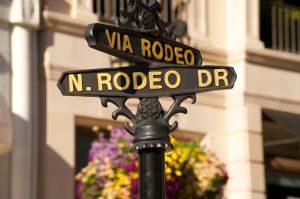 World famous Rodeo Drive symbol, Cross Street Sign, Intersection in Beverly  Hills. Touristic Los Angeles, California, USA. Rich wealthy life  consumerism, Luxury brands and high-class stores concept. Stock Photo