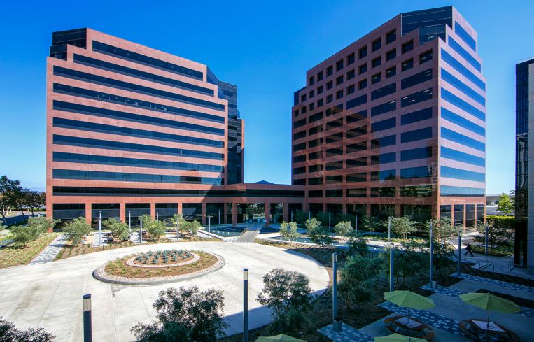 The towers were built in 1987 at 5 and 6 Hutton Centre Drive, and tenants include UKG, Michael Baker International, Psomas, Nations Direct Mortgage, HNTB and the Ayn Rand Institute.