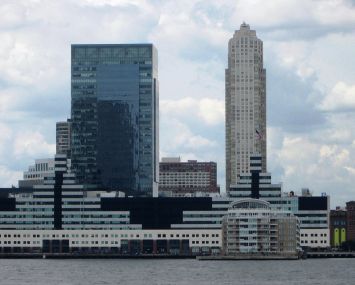 The Harborside Financial Center Plaza is directly across the Hudson River from Manhattan.