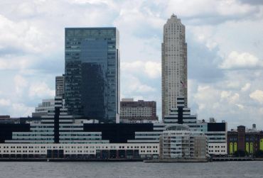 The Harborside Financial Center Plaza is directly across the Hudson River from Manhattan. 