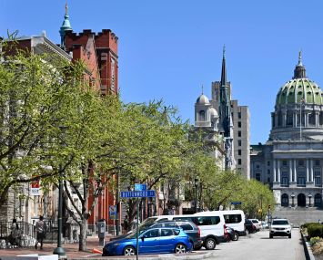 Downtown Harrisburg, Penn., with the State Capitol at the end of the street.