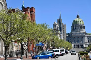 Downtown Harrisburg, Penn., with the State Capitol at the end of the street. 