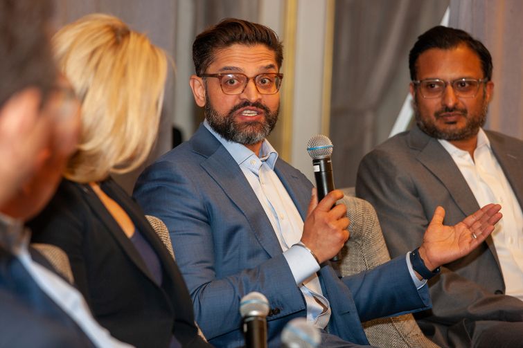 Neil Gupta, chief investment officer and executive vice president at Rudin Management Company, holds court with Lauren Hochfelder of Morgan Stanley and Niraj Shah of Rockwood Capital during the 2023 Spring Finance Forum.