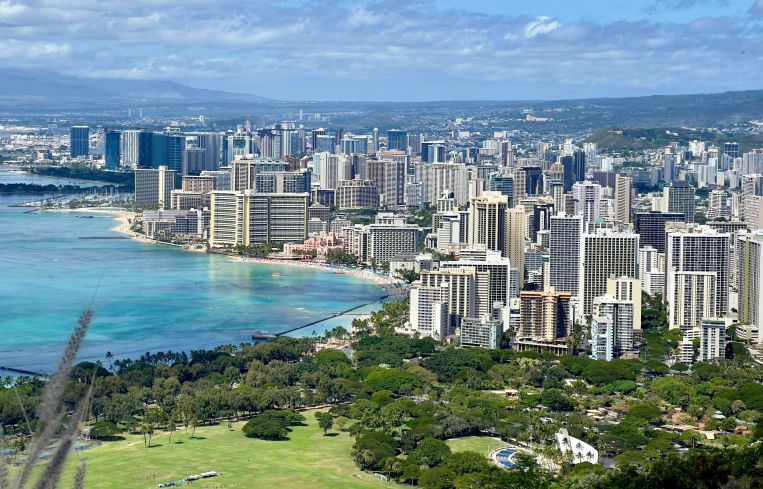 Panoramic view of Waikiki Beach and Honolulu, Hawaii
