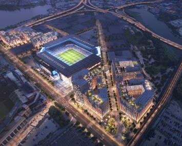 The first rendering of the proposed soccer stadium and housing in Willets Points.
