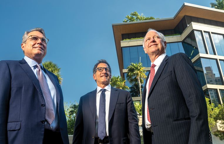 3650 REIT founers (from left): Justin Kennedy, Jonathan Roth, and Toby Cobb at their Miami offices.