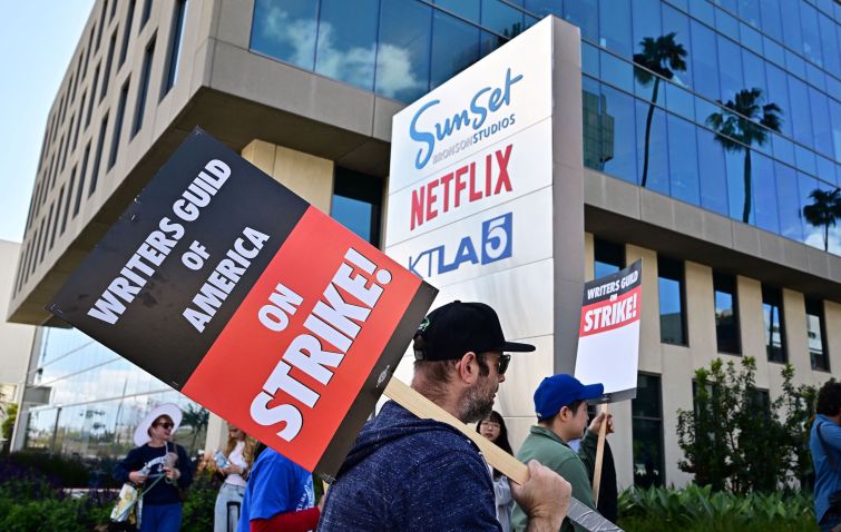 Writers picket in front of Netflix offices on Sunset Boulevard.