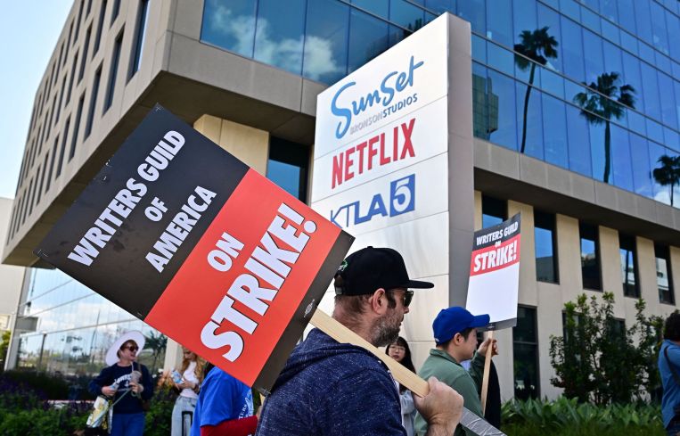 Writers picket in front of Netflix offices on Sunset Boulevard.