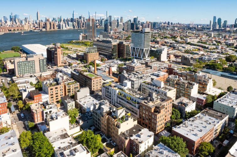 An aerial view of the Greenpoint and Williamsburg Waterfront on Aug. 13, 2022 in New York City.