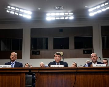 (L-R) Gregory Becker, former CEO of Silicon Valley Bank; Scott Shay, former chairman and co-founder of Signature Bank; and Eric Howell, former president of Signature Bank, testify before the Senate Banking, Housing, and Urban Affairs Committee on May 16, 2023.