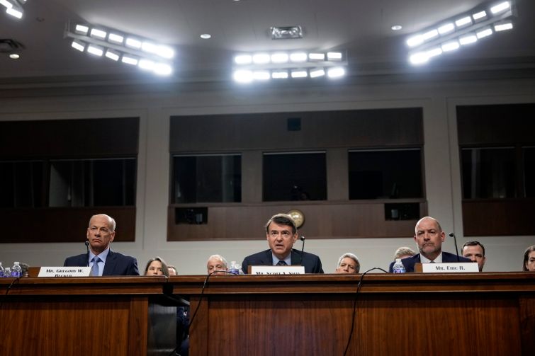 (L-R) Gregory Becker, former CEO of Silicon Valley Bank; Scott Shay, former chairman and co-founder of Signature Bank; and Eric Howell, former president of Signature Bank, testify before the Senate Banking, Housing, and Urban Affairs Committee on May 16, 2023.