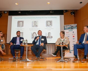 Kohn Pedersen Fox’s Georgina Lalli, Hunter Roberts Construction Group’s Antonio Cabrera, Mount Sinai Health System’s Colin Barrett, Group PMX’s Jenny Freeman and Weill Cornell Medicine’s Dmitri Konon. (Left to right)