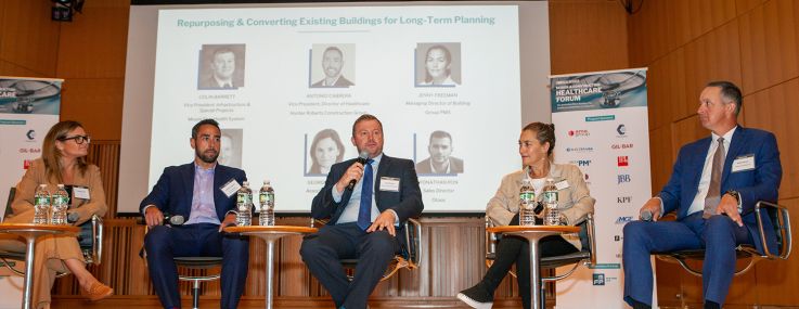 Kohn Pedersen Fox’s Georgina Lalli, Hunter Roberts Construction Group’s Antonio Cabrera, Mount Sinai Health System’s Colin Barrett, Group PMX’s Jenny Freeman and Weill Cornell Medicine’s Dmitri Konon. (Left to right)