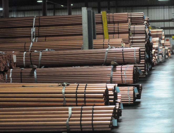Copper tubing in a warehouse.