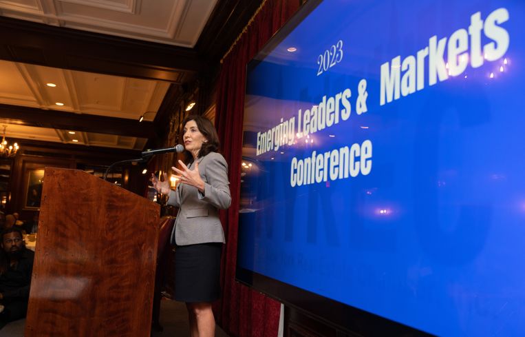Gov. Kathy Hochul speaks at the Emerging Leaders and Markets Conference.