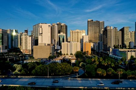 An aerial view of the Miami skyline, where many renters reside in apartment buildings. Around 53 percent of the The PRVT ETF's portfolio consists of multifamily and single family rental properties in the U.S. Sun Belt region. 