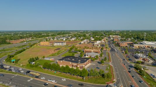 An aerial view of Crossroads Village Center.