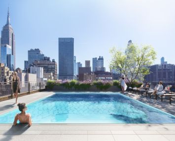 A view from the rooftop pool of Ruby, a mixed income residential tower at 243 West 28th Street.
