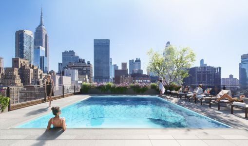 A view from the rooftop pool of Ruby, a mixed income residential tower at 243 West 28th Street.