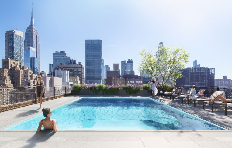 A view from the rooftop pool of Ruby, a mixed income residential tower at 243 West 28th Street.