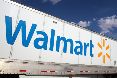A truck leaves a large regional Walmart distribution center.