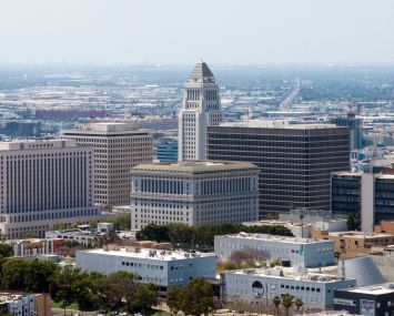 Buildings left to right: Los Angeles Superior Court at the United States Courthouse; James K. Hahn City Hall East; Hall of Justice; Los Angeles City Hall (tall) and Clara Shortridge Foltz Criminal Justice Center.