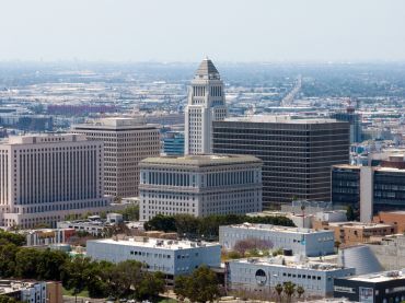 Buildings left to right: Los Angeles Superior Court at the United States Courthouse; James K. Hahn City Hall East; Hall of Justice; Los Angeles City Hall (tall) and Clara Shortridge Foltz Criminal Justice Center.