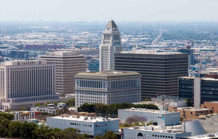 Buildings left to right: Los Angeles Superior Court at the United States Courthouse; James K. Hahn City Hall East; Hall of Justice; Los Angeles City Hall (tall) and Clara Shortridge Foltz Criminal Justice Center.