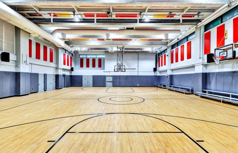 The gym has been updated with a new commercial kitchen and storage for folding tables and chairs that can be rolled out for lunch time.