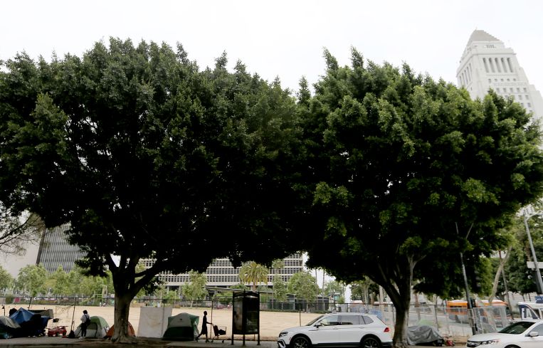 Los Angeles, CA - Tents that provide shelter for homeless people line First Street near Los Angeles City Hall.