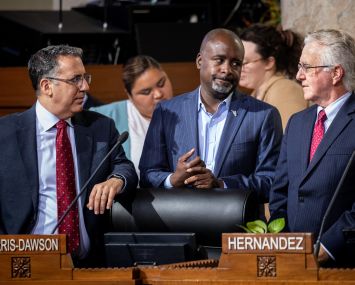 From left, Los Angeles City Councilmen Bob Blumenfield (District 3), Marqueece Harris-Dawson (District 8), and Paul Krekorian (District 2) during a meeting.