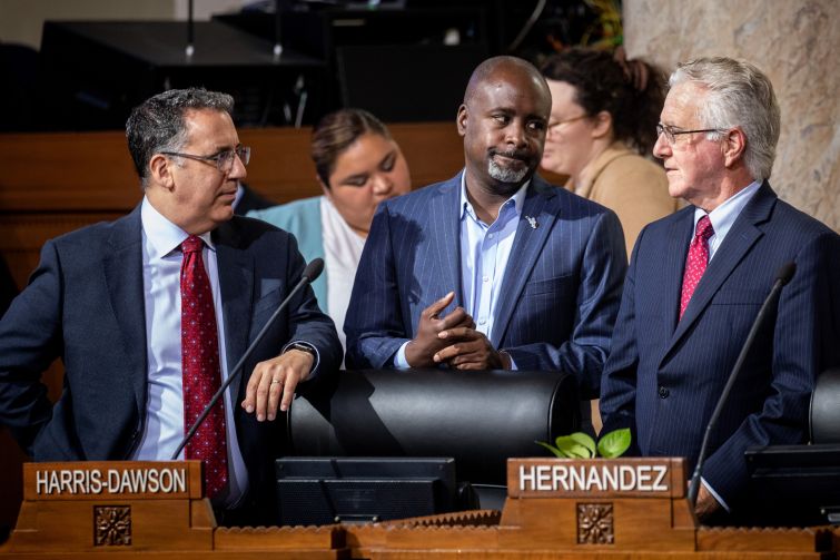 From left, Los Angeles City Councilmen Bob Blumenfield (District 3), Marqueece Harris-Dawson (District 8), and Paul Krekorian (District 2) during a meeting.