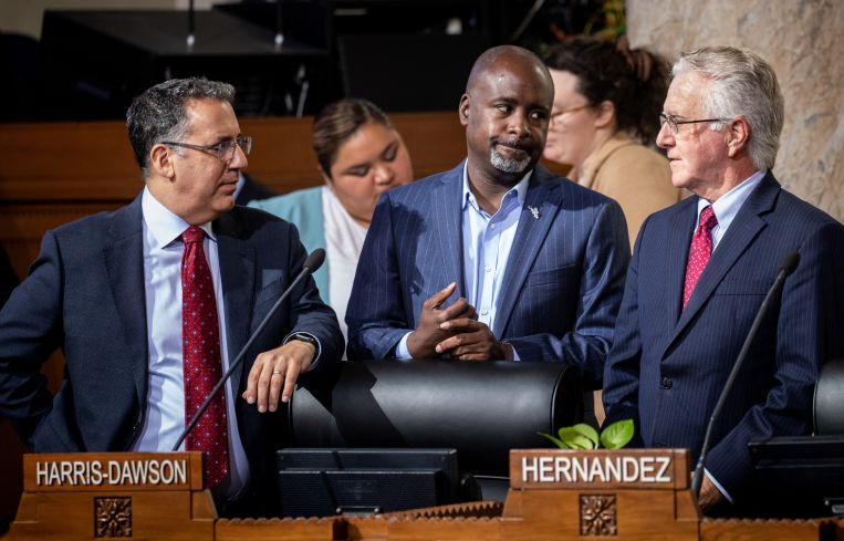 From left, Los Angeles City Councilmen Bob Blumenfield (District 3), Marqueece Harris-Dawson (District 8), and Paul Krekorian (District 2) during a meeting.