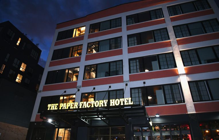 An exterior view of the Paper Factory Hotel in Long Island City, New York