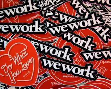 Stickers at WeWork in the Embarcadero 2 building in San Francisco, Calif.
