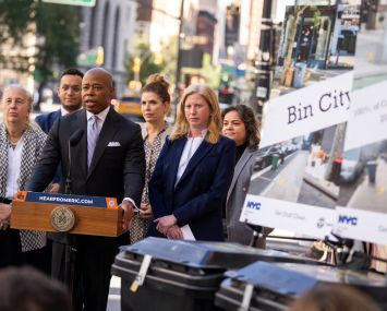 Mayor Eric Adams, DSNY Commissioner Jessica Tisch and City Councilmember Gale Brewer announce that all businesses must place their trash in bins beginning in March 2024.