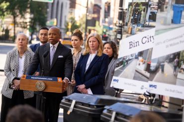Mayor Eric Adams, DSNY Commissioner Jessica Tisch and City Councilmember Gale Brewer announce that all businesses must place their trash in bins beginning in March 2024.