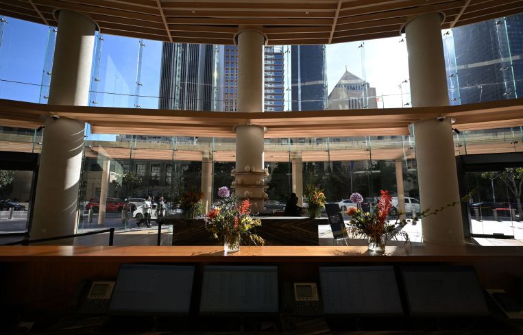 A view of the redesigned lobby at the US Bank Tower grand re-opening ribbon cutting event in March 2023. The US Bank Tower unveiled the results of a $60 million improvement program aimed at repositioning the iconic office building, three years after the start of the Covid-19 pandemic, to provide a modern workplace environment that meets the evolving needs of office building tenants.