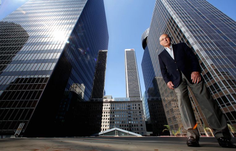 Developer Wayne Ratkovich in 2013 stands in area located above an enclosed mall and between the office building and the Sheraton Hotel, which were part of Macy's Plaza in Downtown Los Angeles. Ratkovich bought the property and redeveloped it into The Bloc.