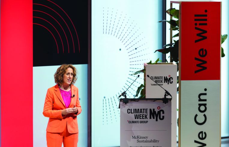 Helen Clarkson on stage at climate week