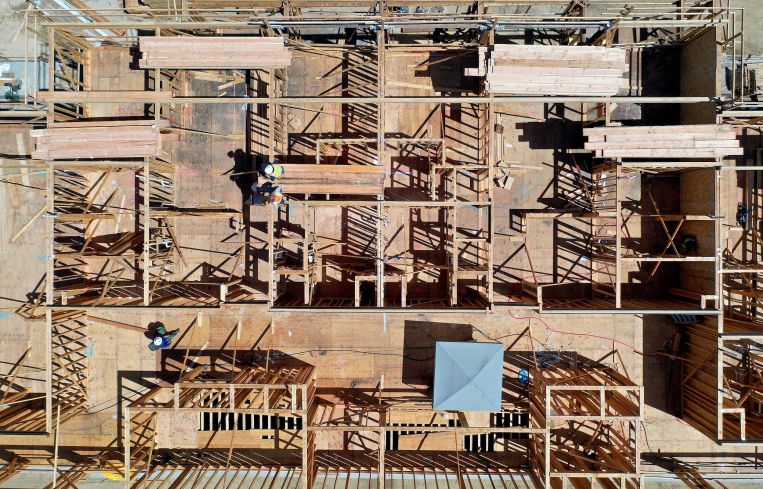 Construction at a multifamily housing development on August 30 in Los Angeles. According to data from the California Association of Realtors, housing affordability dropped to a 16-year low in California in the second quarter of this year amid high-interest rates. According to the figures, just 16 percent of people in the state are able to afford to purchase an existing median-priced single-family home.