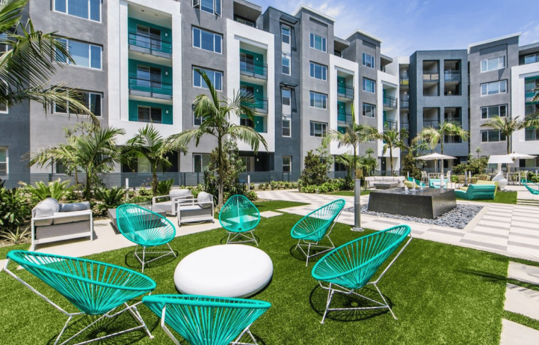 The property is at 1901 East First Street in Santa Ana and includes a mix of three- and five-story buildings constructed in 2016.